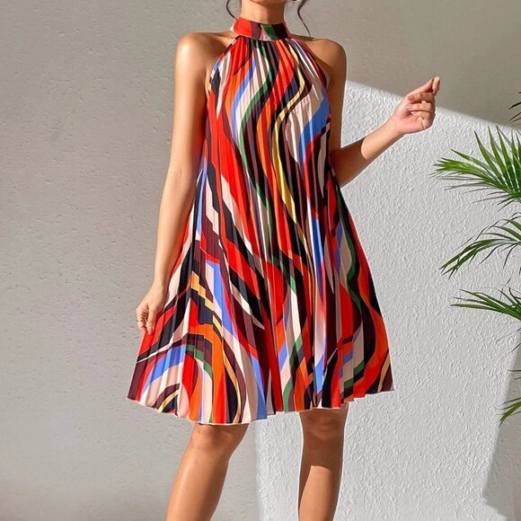 Multicolor Boho Womens Keyhole Back Halter Neck Pleated Detail Dress - Picture 1 of 5